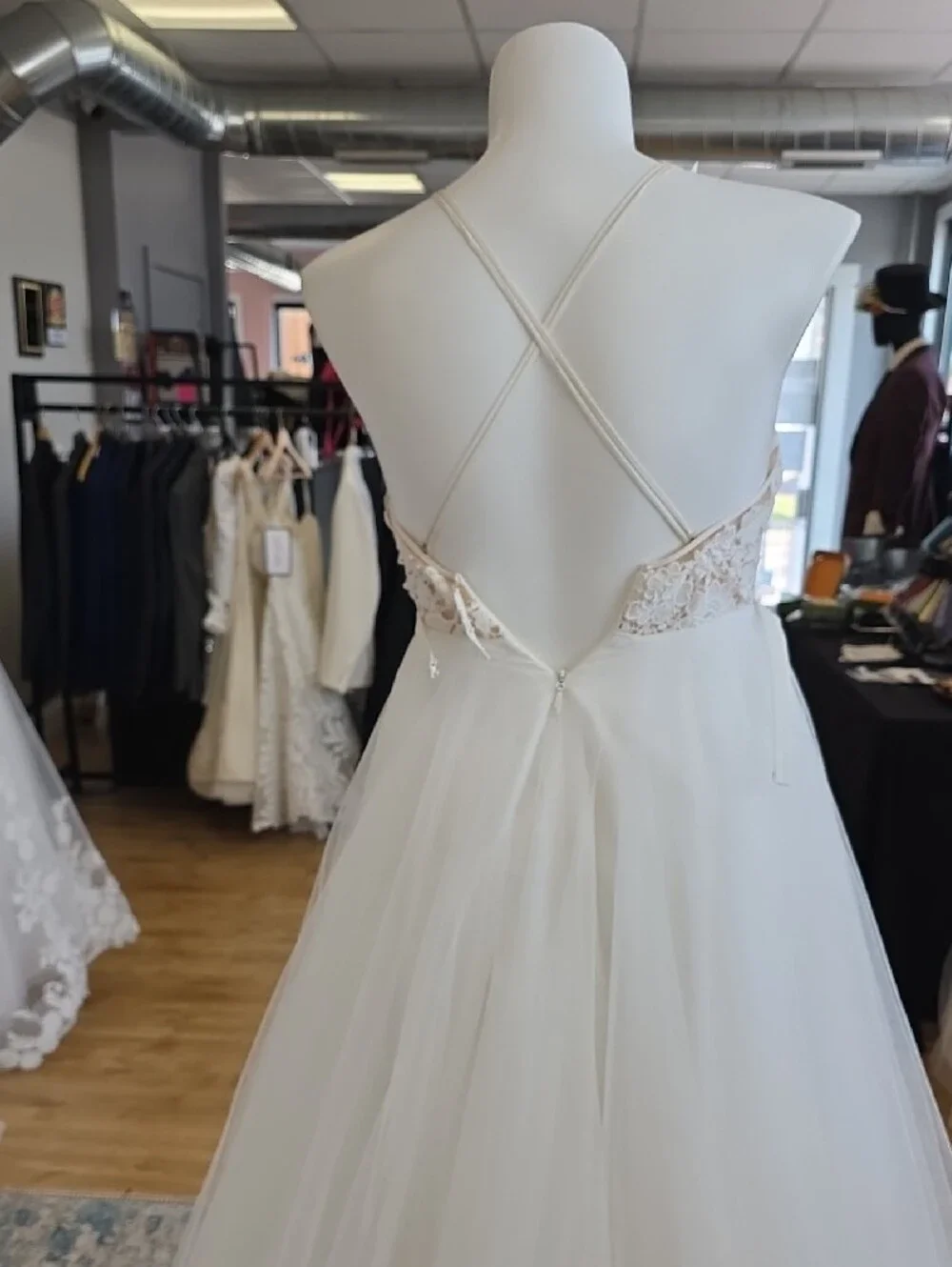 Sleeveless V-Neck Lace Bodice White Wedding Dress